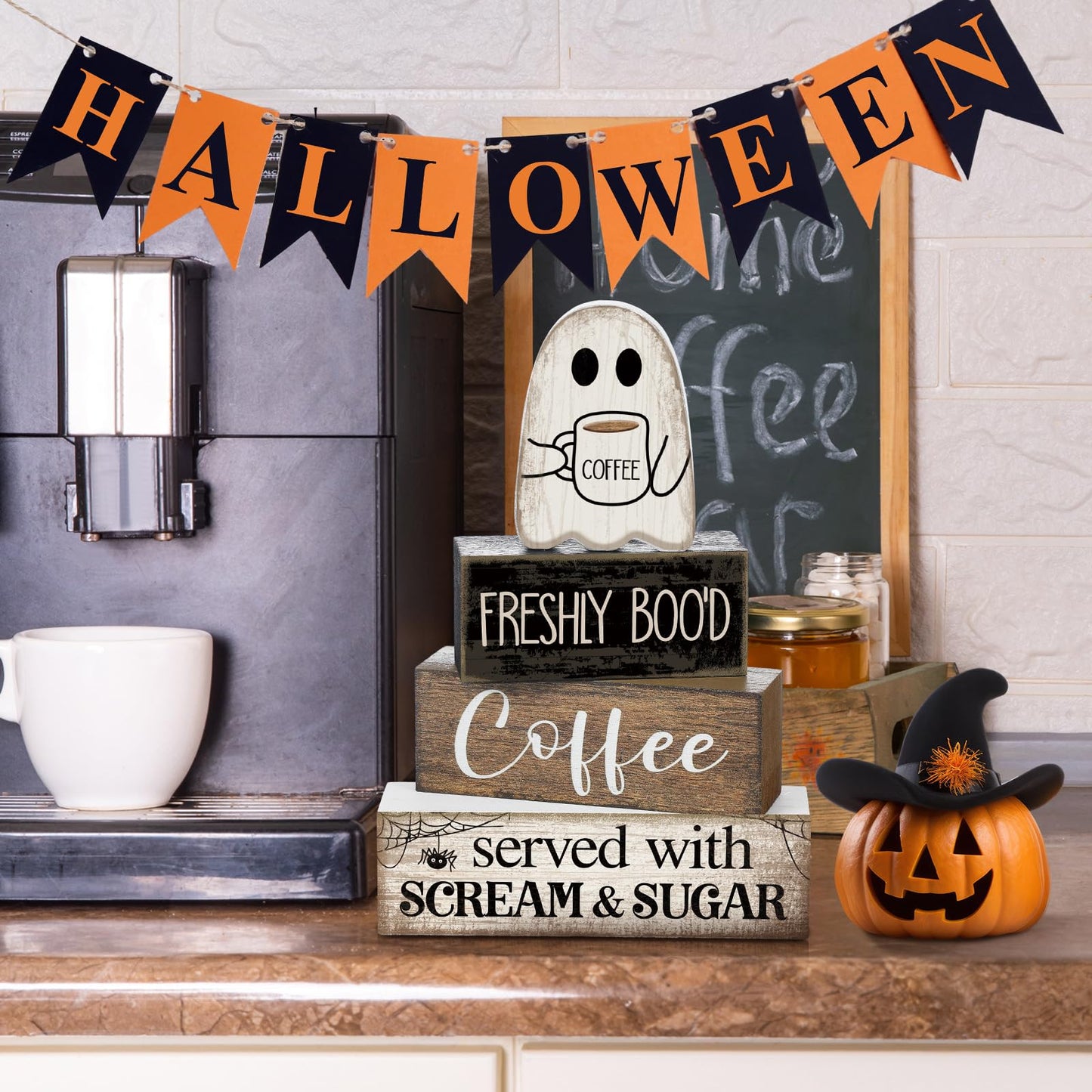 Lineshading 4 Pcs Halloween Table Decor Coffee Ghost Wooden Sign Halloween Tiered Tray Decor Farmhouse Ghost Tabletop Centerpiece Decorative Coffee Bar Block Signs for Home Office Kitchen Shelf