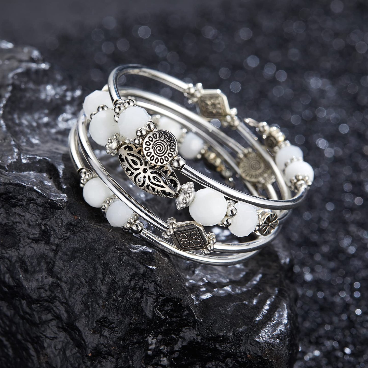 FULU AUTUMN Stackable Beaded Bracelets for Women Boho Wrap Silver Bracelet Layered Fashion Jewelry Gifts for Her(Porcelain White)