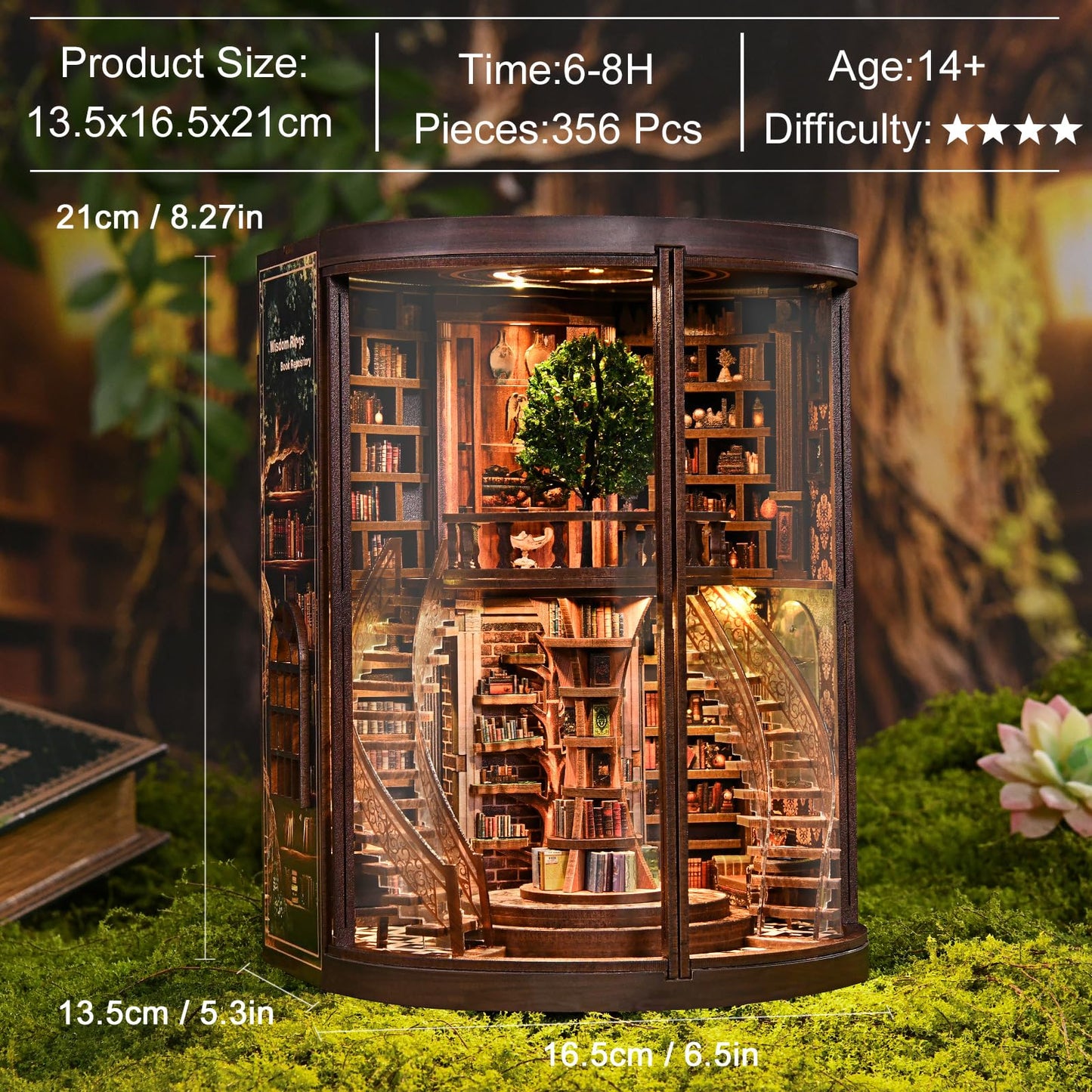 obzergem Book Nook Kit - Wisdom Rings Book Archive - Wooden Bookend and 3D Puzzle with LED Light, DIY Set for Adults, Bookshelf Decoration Diorama Kit, for Birthdays
