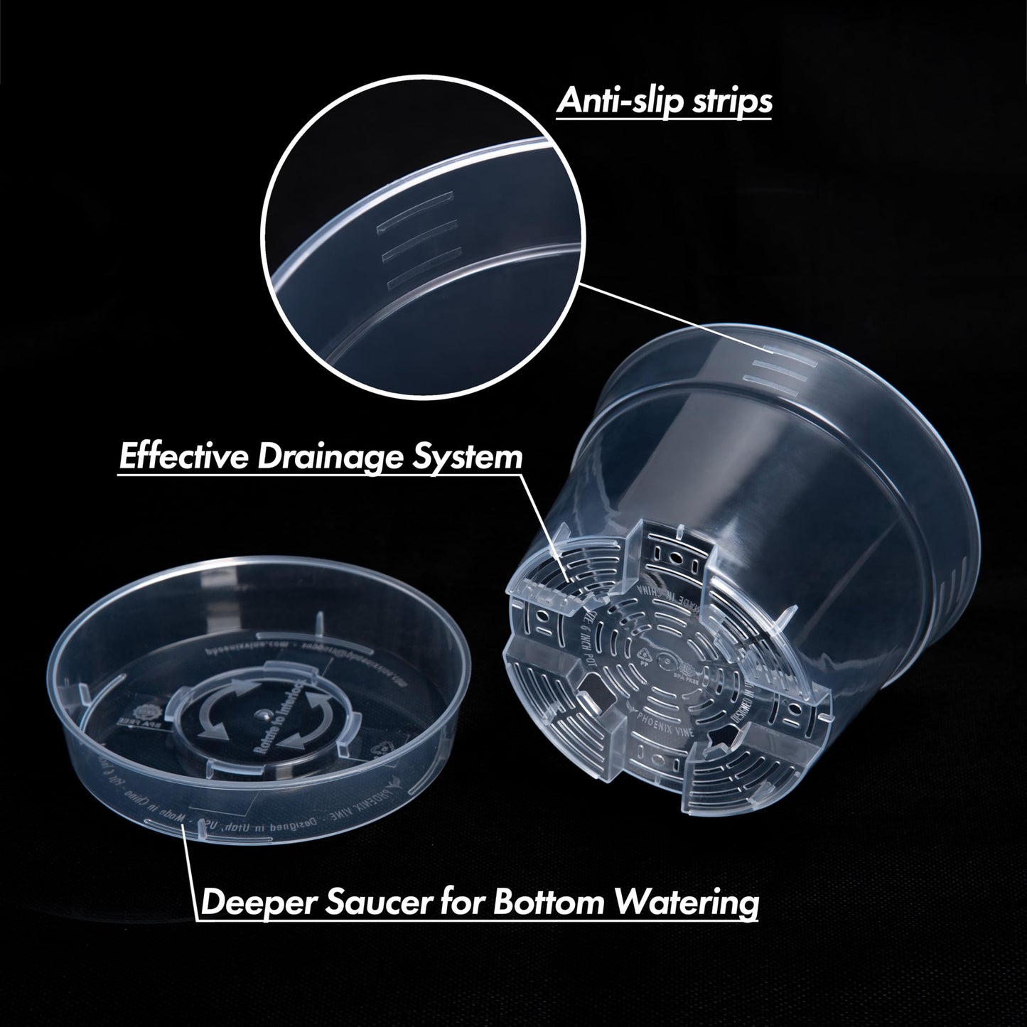 6 Inch Clear Plastic Plant Pot with Drainage Holes, Interlocking & Detachable Tray - Deep Saucer - Durable BPA-Free Plastic, Transparent Design, Raised Base for Airflow, Set of 24, 92-X-C-4