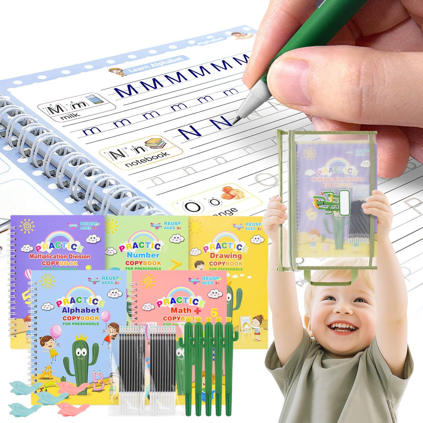 BYFWH Upgraded Large Size Magic Practice Copybook for Kids, Reusable Grooved Handwriting Practice Book for Preschool Kids Age 3-8 Calligraphy with Catus Pens & Storage Bag (5PCS 7.3 * 10.3 inch)