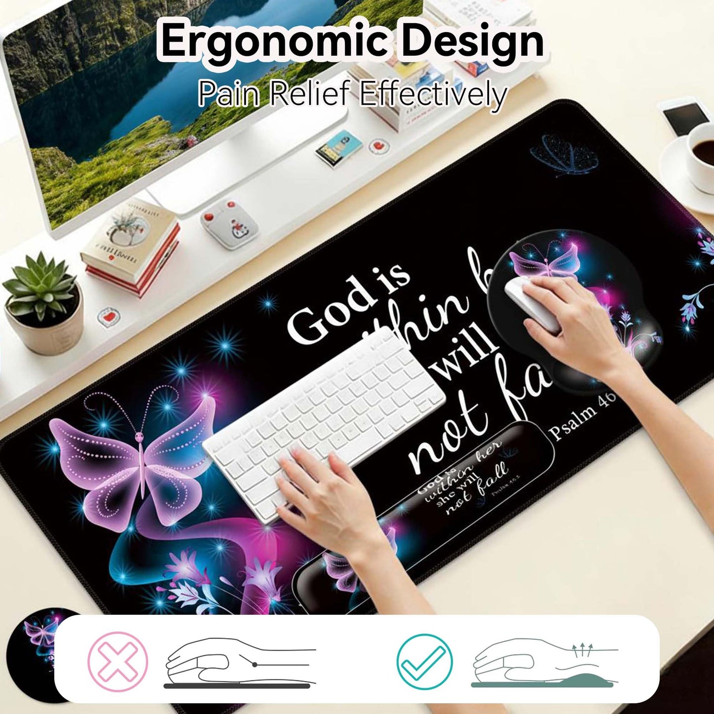 Desk Mat Set + Keyboard and Mouse Pad with Wrist Rest Support,4-in-1 Large Mousepad Computer Mats for Desktop Home & Office-Purple Butterflies