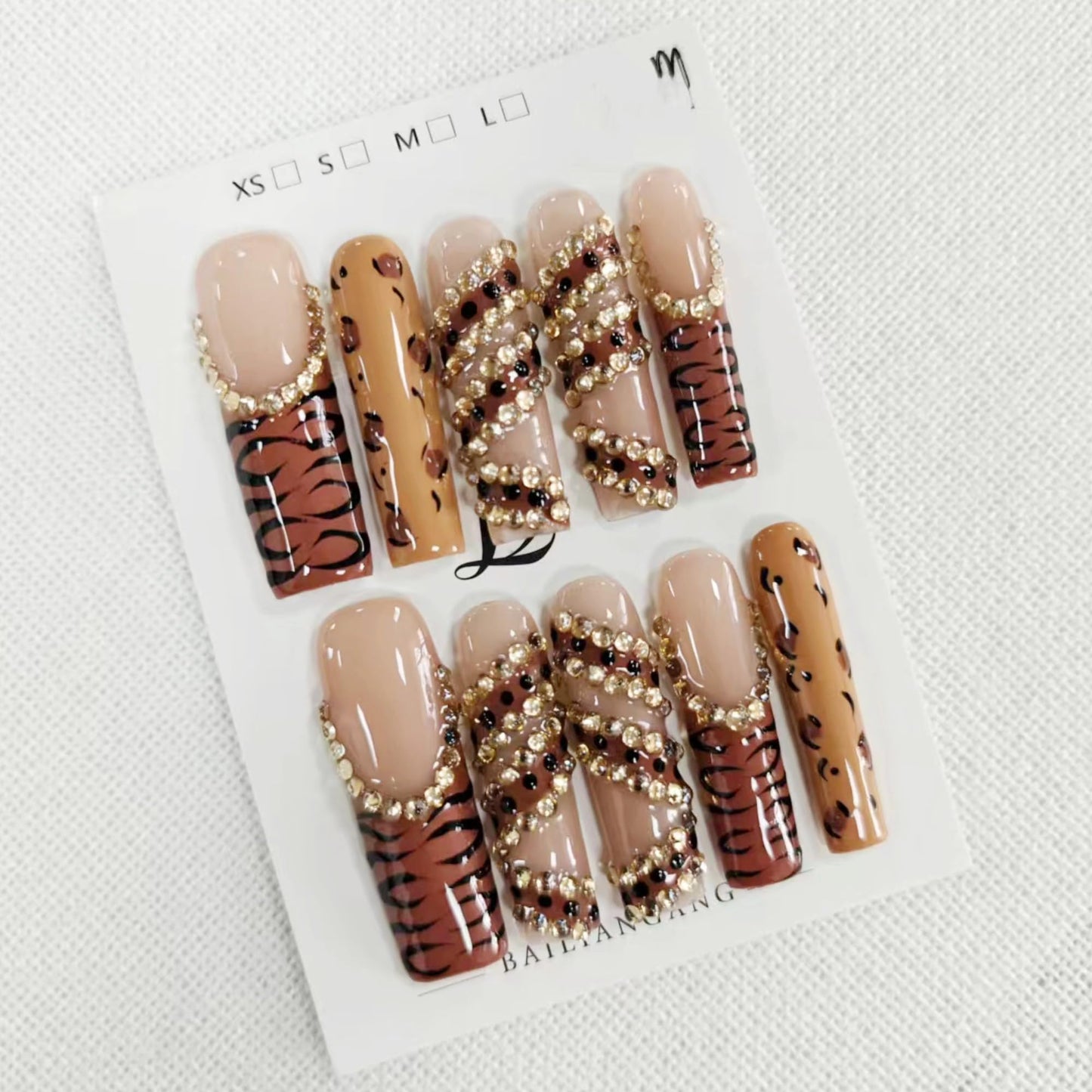 Handmade Press on Nails Extra Long Square Nails Press ons French Tip Leopard Fake Nails with Sparkly Rhinestones Designs False Nails Luxury Full Cove Acrylic Stick on Nail for Women DIY (Size M)