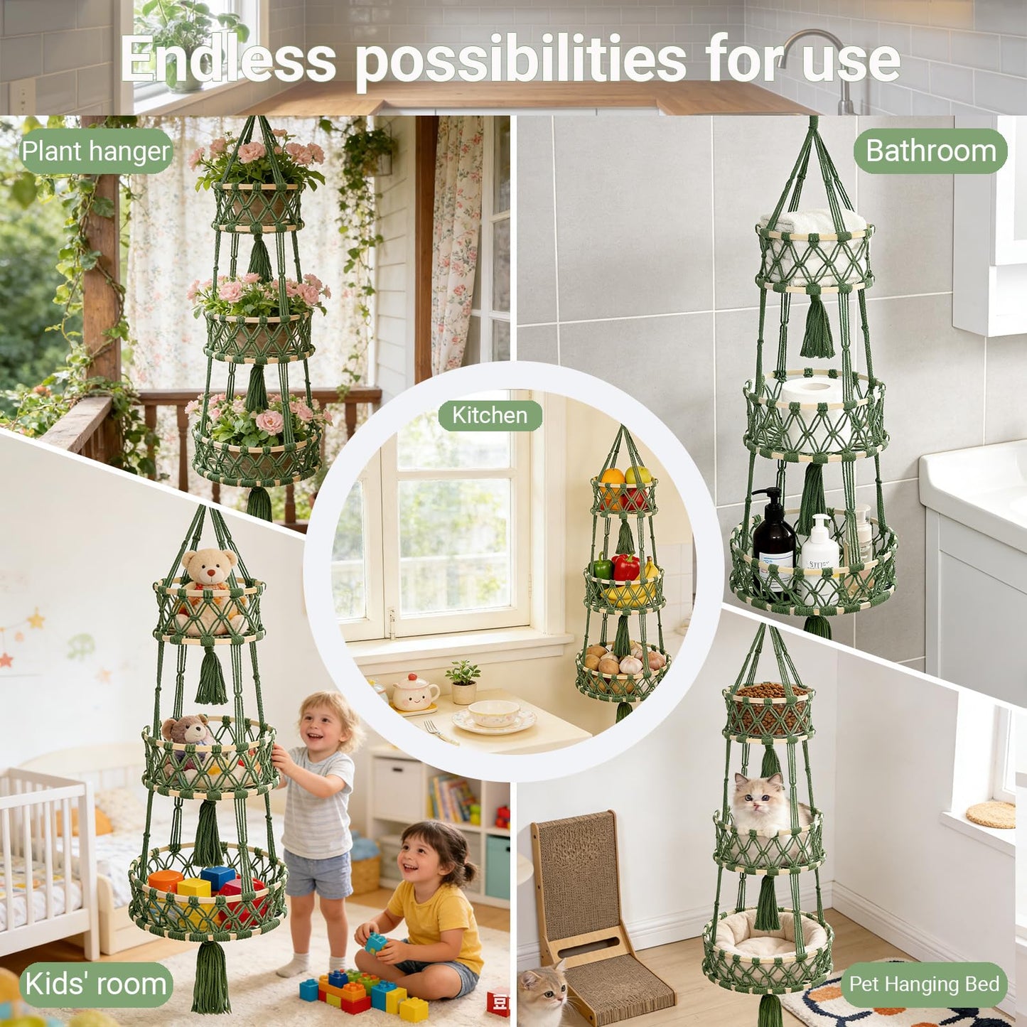 3 Tier Hanging Fruit Baskets for Kitchen, Macrame Plant Hanger Cotton Rope Handwoven Hammock Produce Storage Organizer Basket for Plants Holder, Vegetable, Onion, Potato (Green)