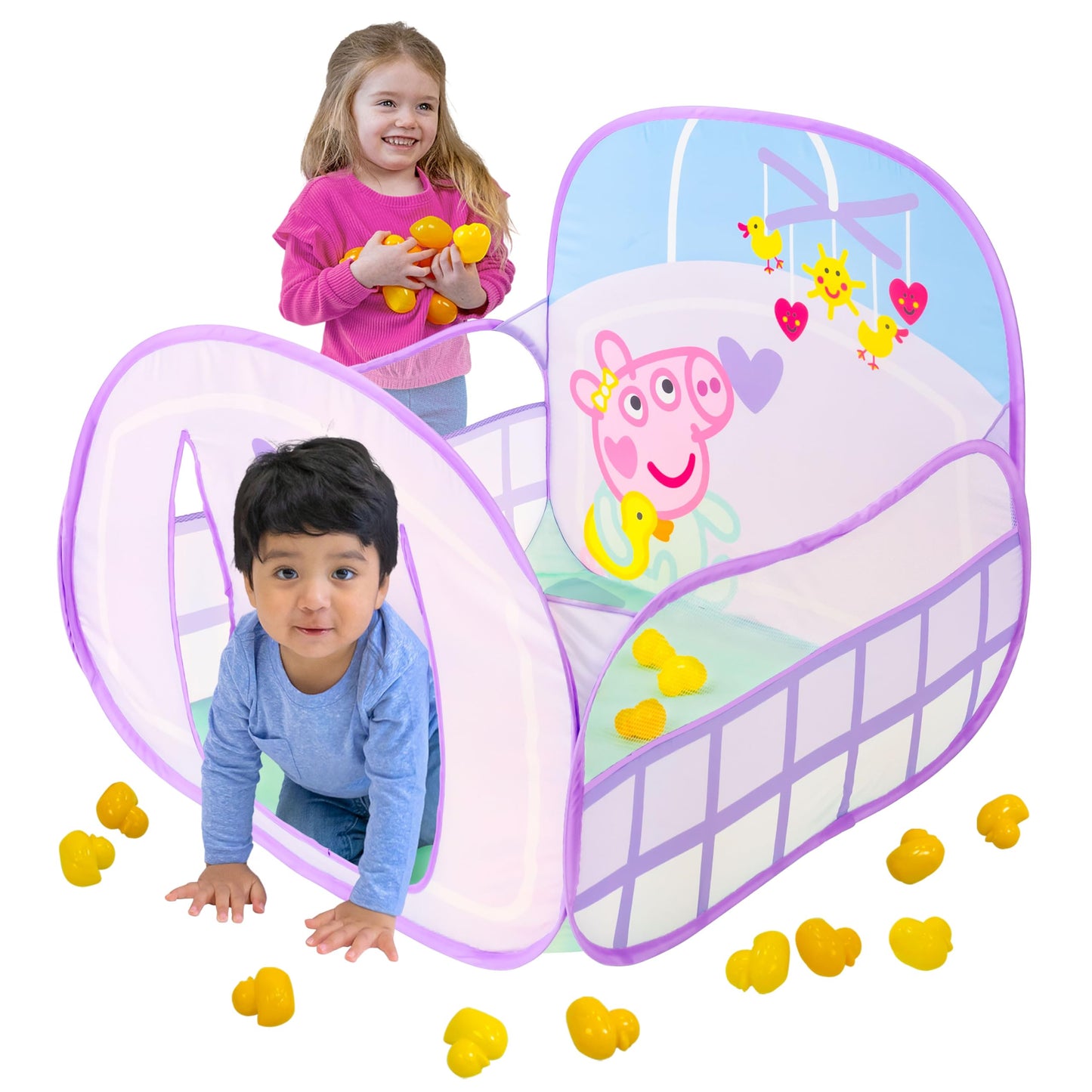 Peppa Pig Ball Pit Crib, Large Pop Up Tent with Crawl Through Opening, Includes 20 Duck Shaped Play Balls, Toddlers 2+