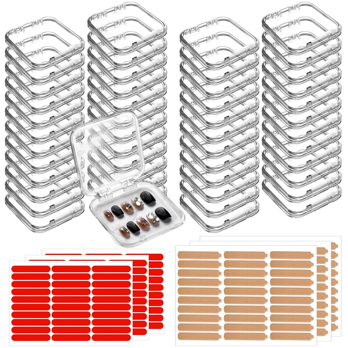 Aemygo 48 Sets Press On Nail Storage Box, Clear Artificial Nail Display Case Acrylic Nail Boxes Press On Nail Packaging Box, Adhesive Double Sided Tape Nail Box for Nail Salon