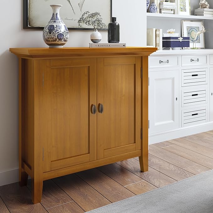 SIMPLIHOME Redmond SOLID WOOD 32 inch Wide Transitional Low Storage Cabinet in Light Golden Brown for the Living Room, Entryway and Family Room