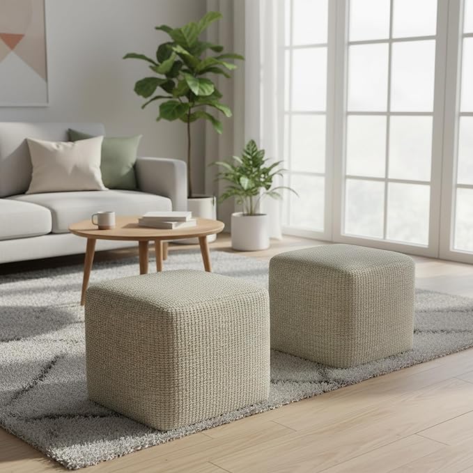 SIMPLIHOME Zelma Square Pouf – 18 inch Wide Upholstered PET Polyester Ottoman in Cream and Natural, Boho Indoor/Outdoor Footstool or Extra Seating for Living Room, Bedroom, or Patio, Assembled