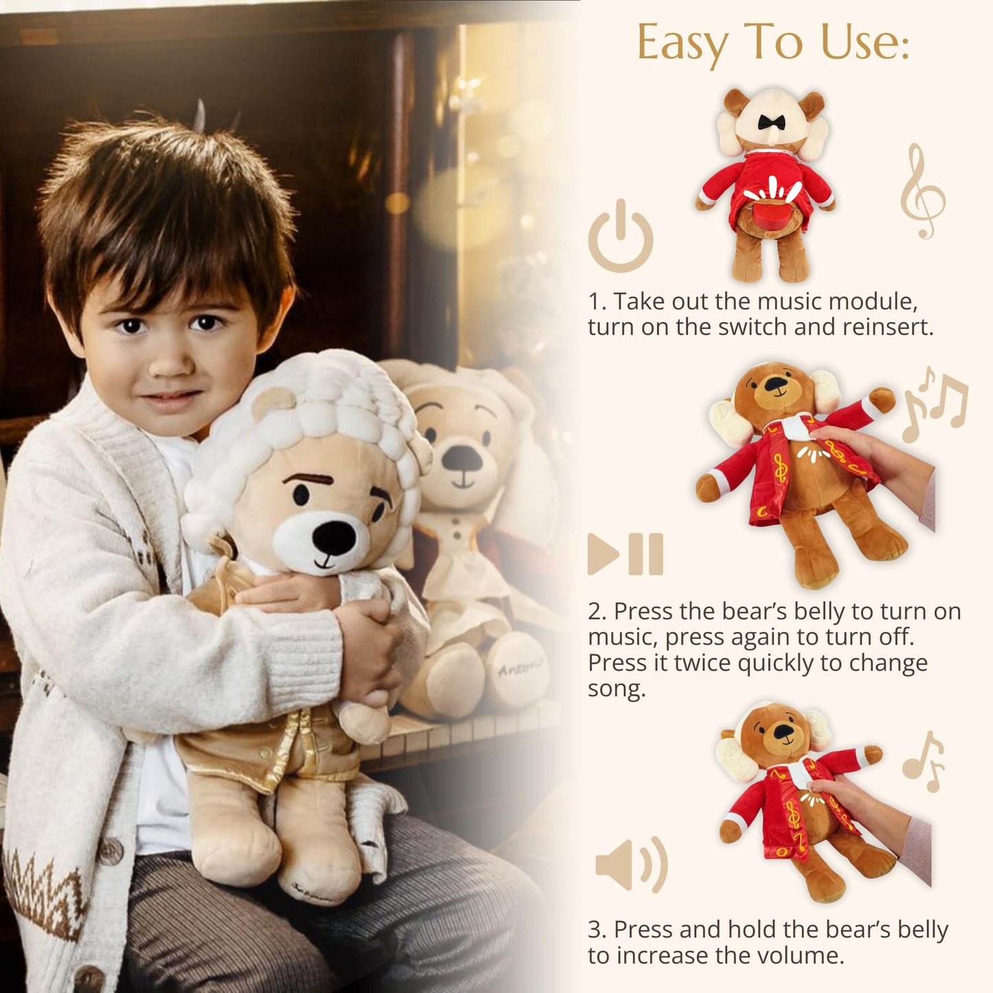 Brahms Virtuoso Bear – Dual-Mode Plush Toy with Music & Comfort Features, Plays 40 Mins of Classical Music & White Noise to Calm and Soothe Babies