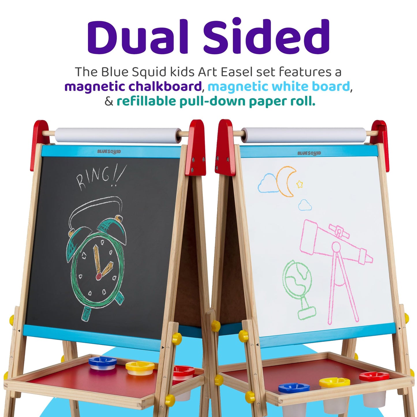 Blue Squid Art Easel for Kids with Paper Roll x 3, Includes 100+ Accessories, Double Sided Adjustable Wooden Painting Easel with Magnetic Chalk Board, White Board for Toddlers Ages 3,4,5,6,7,8,9,10,12