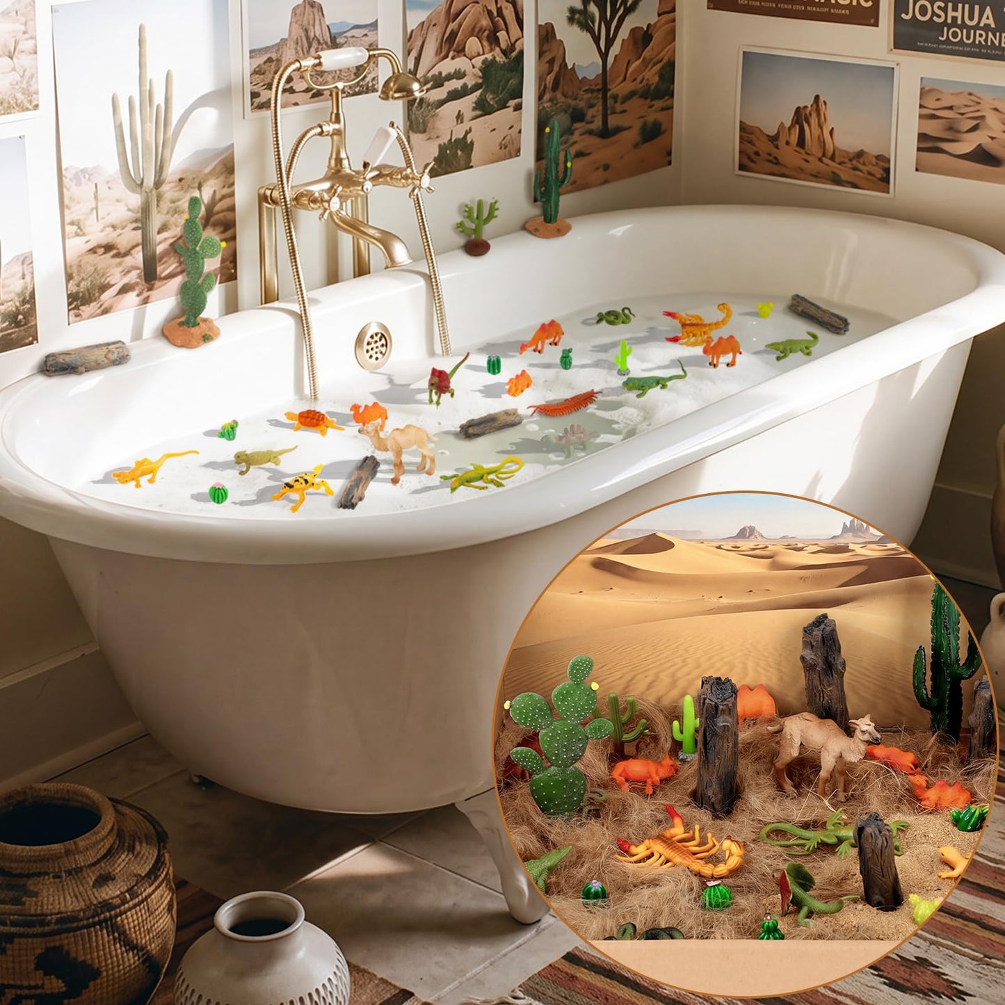 Duraaamo 32 Pcs Desert Animals Figures Diorama Kit Reptiles Lizard Snake Cactus Trees Model Kit Diorama Project with Camel for Miniature Landscape Cake Topper Birthday DIY Craft Project