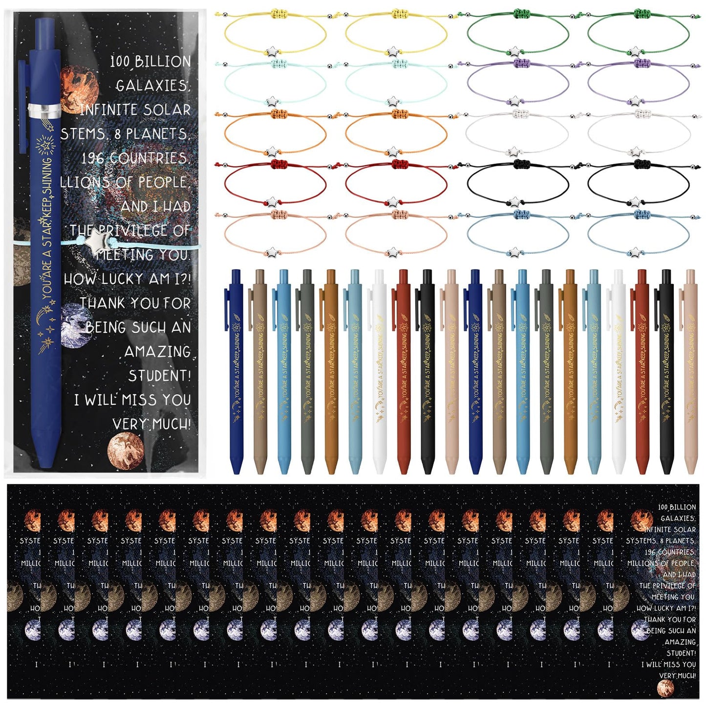 Sayglossy 20 Sets Inspirational Pens, Star Bracelets and Space Planet Bookmarks Gifts for Galaxy Students Gift Party Favors Classroom Supplies