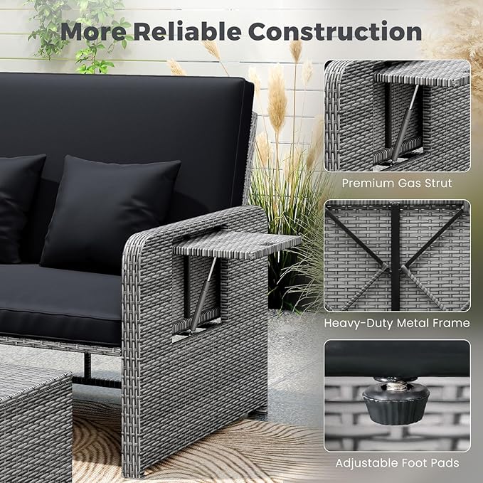 HAPPYGRILL Patio Rattan Wicker Daybed with Loveseat & Storage Ottoman, Outdoor Lounge Sofa Furniture Set with Adjustable Backrest & Side Trays, for Poolside Deck Porch Lawn (Mix Grey & Black)