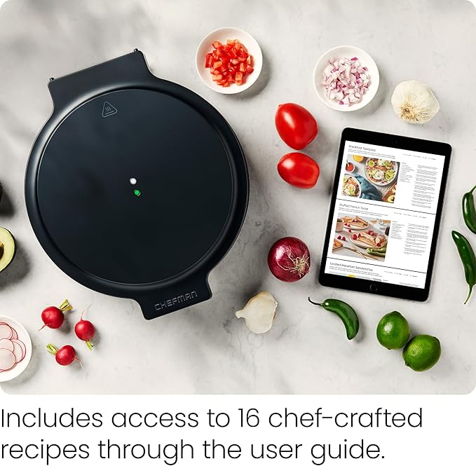 Chefman Everything Maker & Pizza Oven – 1440W Countertop Electric Pizza Maker with 12” Nonstick Cooking Plates, Plus Makes Quesadillas, Omelettes and More, with Indicator Lights and Vertical Storage