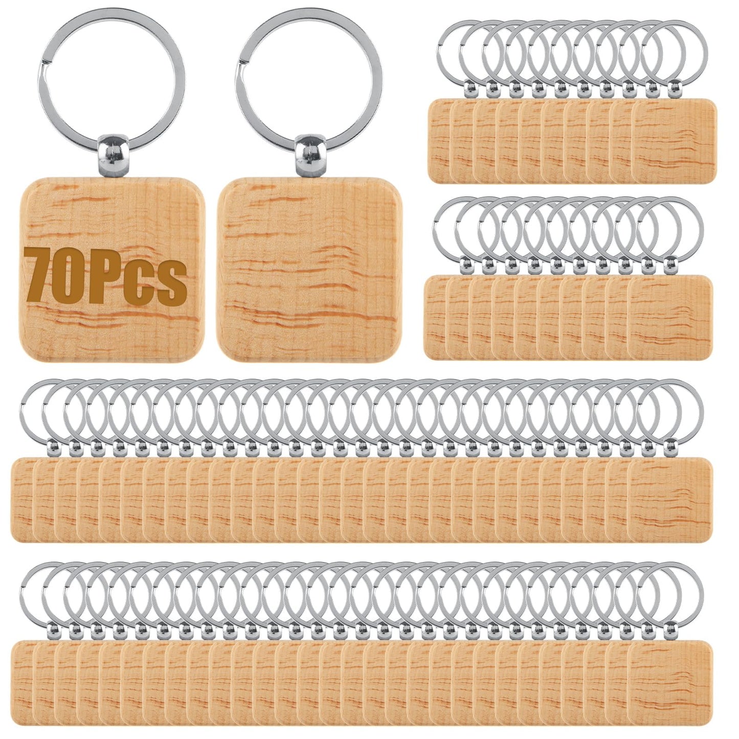 YAYODS 70 Pieces Wood Keychain Blanks, Square Wooden Blanks Bulk with Key Rings, Engraving Wood Keychain Tag for DIY Crafts Gift