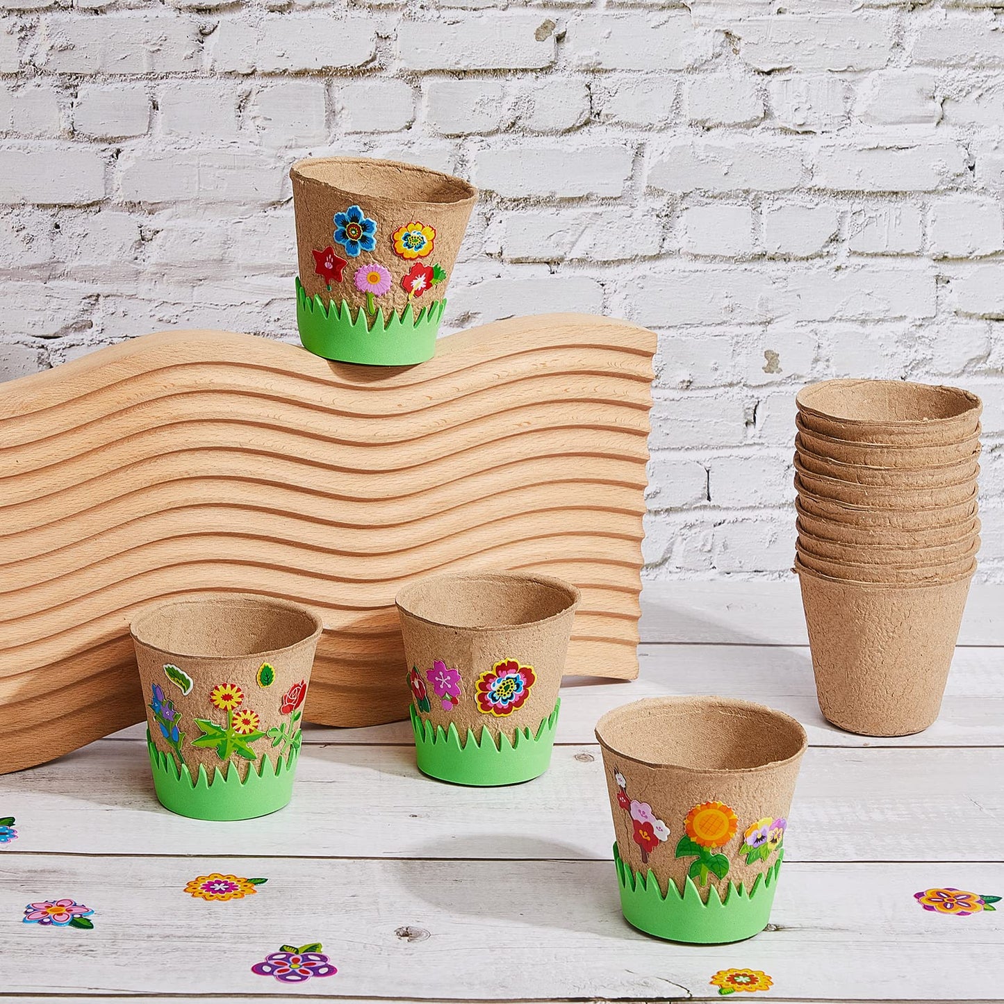 Gueevin 50 Pack Garden Paper Pot Craft Kit Flower Plant Spring Craft Including Peat Plant Pots Adhesive Foam Stickers Pot Stickers EVA Grass for DIY Flower Planting Growing