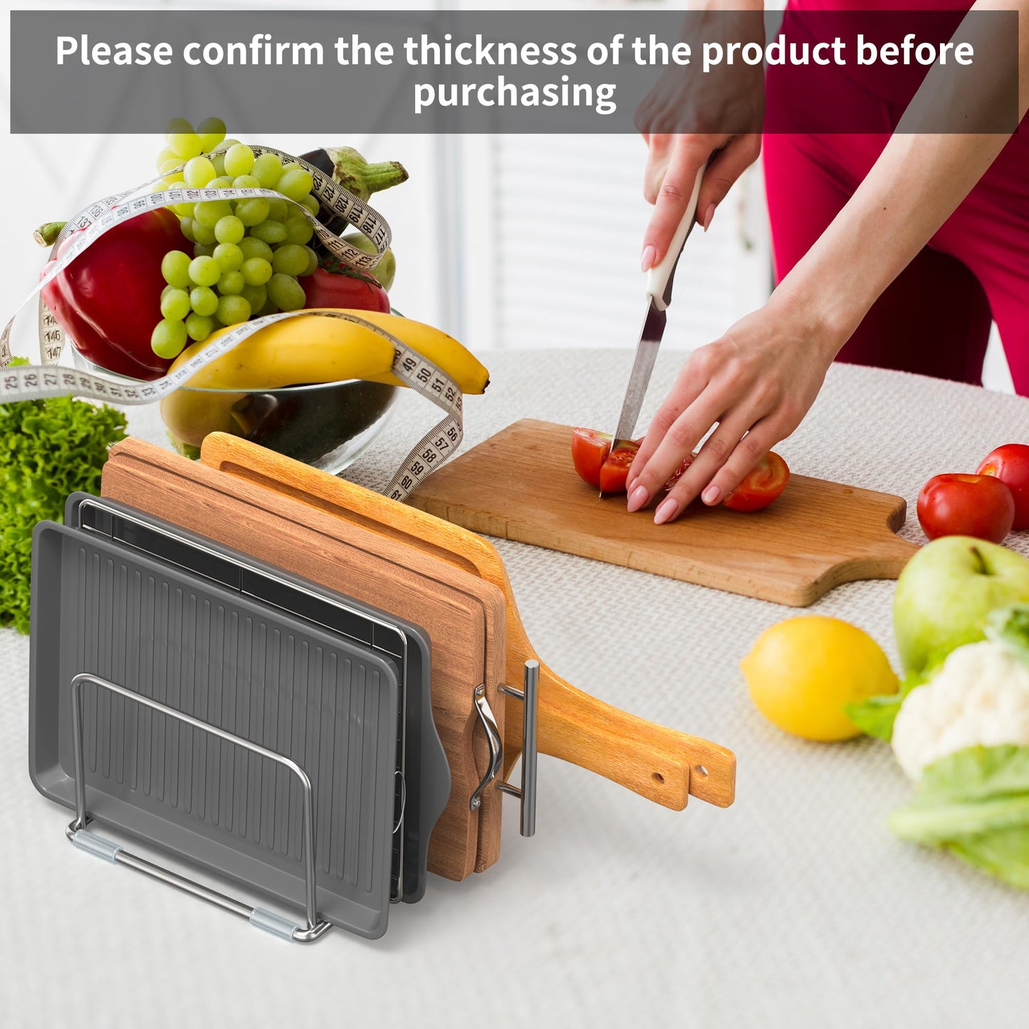 LAEMYFYRE Cutting Board Holder Stand, Chopping Board Organizer Rack with 304 Stainless Steel, Cookie Sheet Storage Organizer, 1.0 & 1.2 Inch Wide Slots (2 Pack)