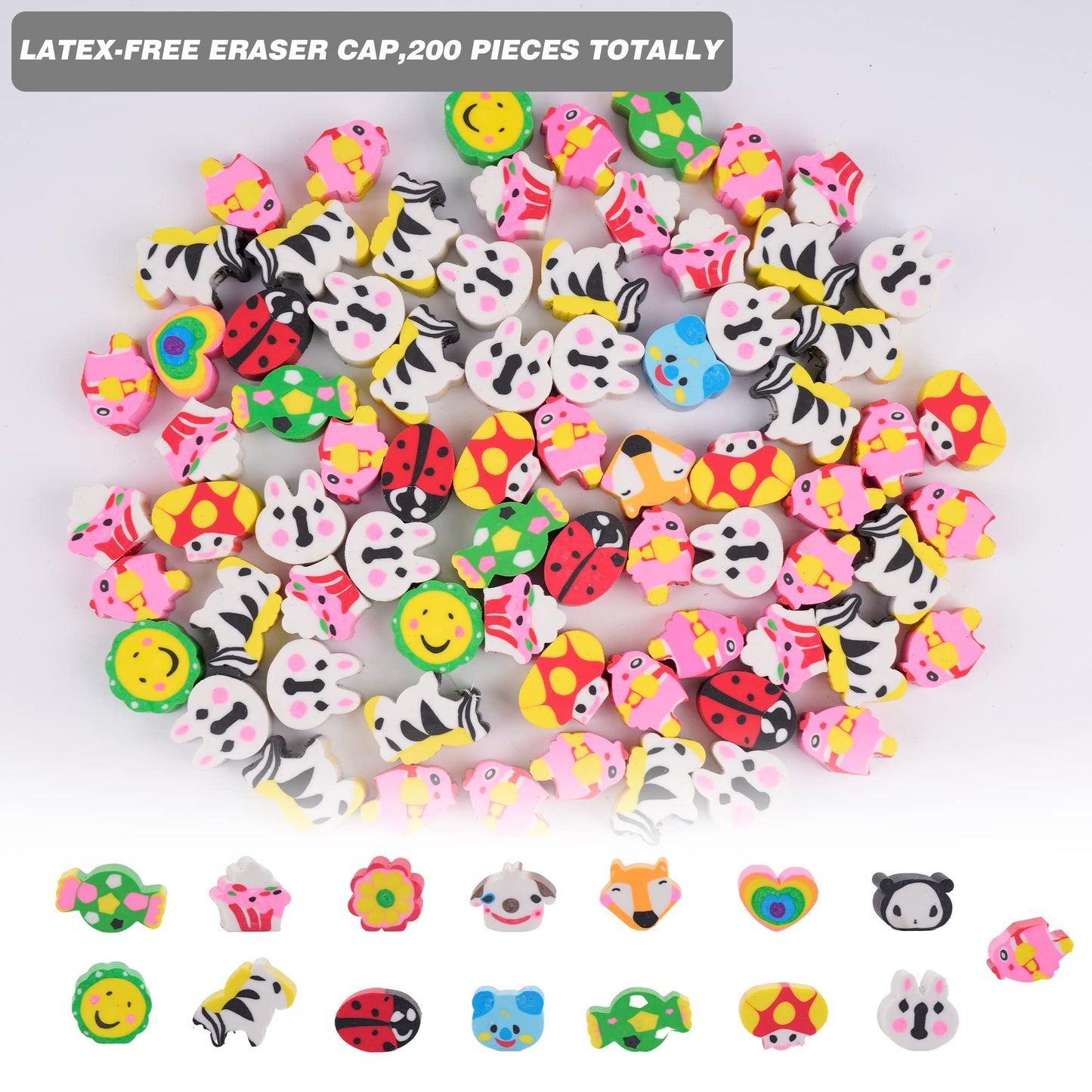 200 Pieces Cartoon Cute Animal Pencil Erasers Pencil Eraser Toppers Rabbit Zebra Mushroom Ladybug Pencils Caps for Office Classroom Supplies