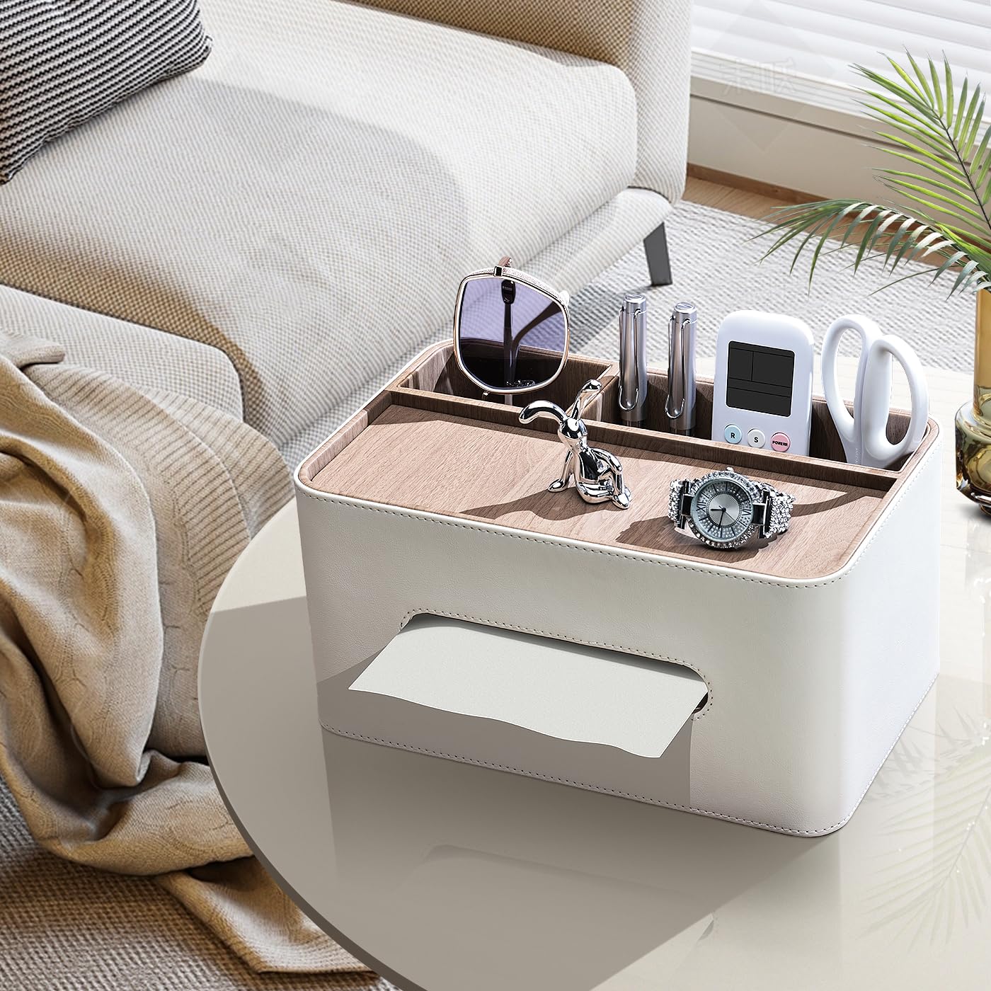 PU Leather Tissue Box Cover Rectangular with Storage Organizer, Multifunctional Remote Control Holder, Desk Organizer for Living Room, Bedroom, Office, Decorative Tissue Holder with Compartments Beige