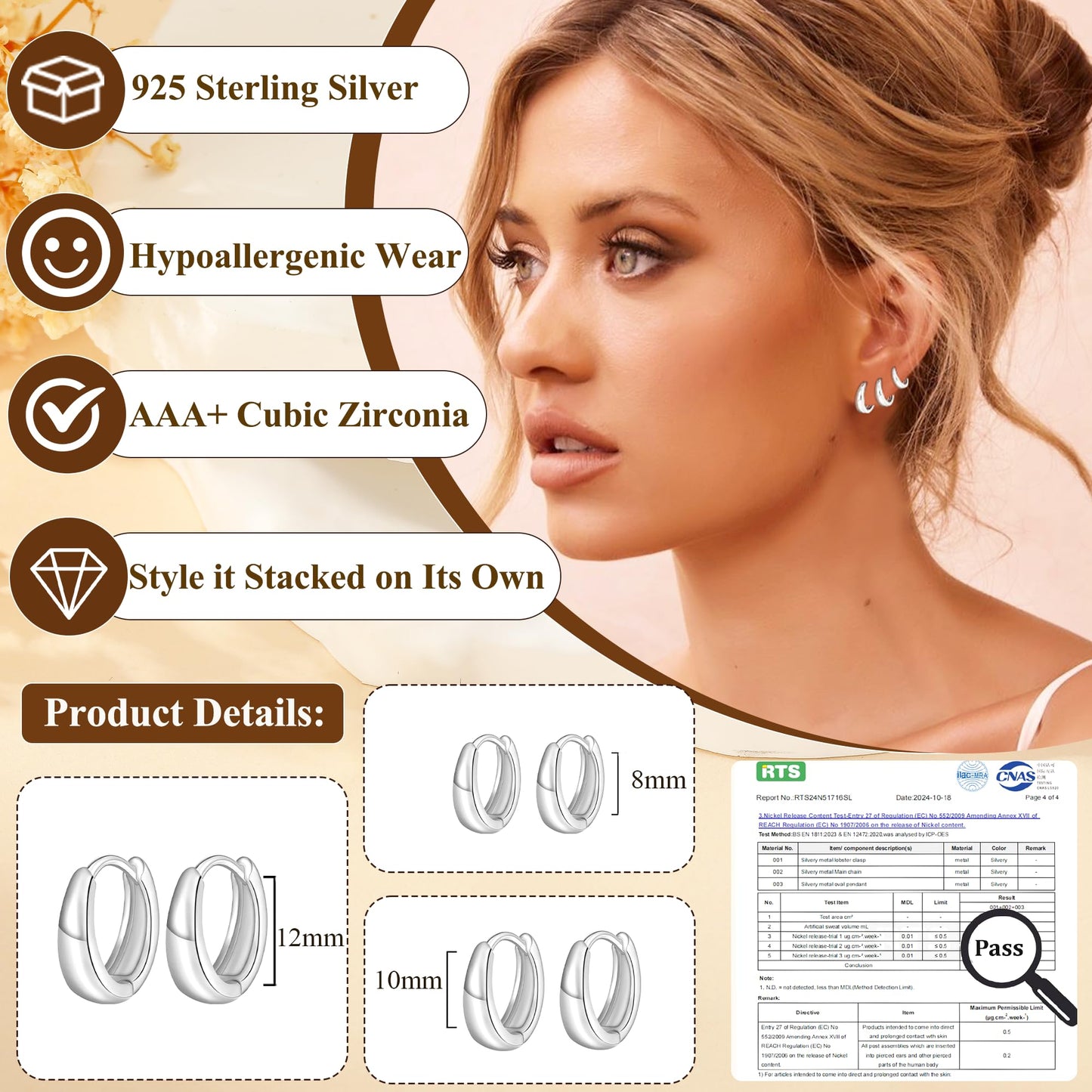 DORANA 3 Pairs 925 Sterling Silver Earrings for Women Non Tarnish Small Huggie Hoop Earrings Hypoallergenic Cartilage Hoops Stackable Earring Silver Stacks Sets for Multiple Piercing