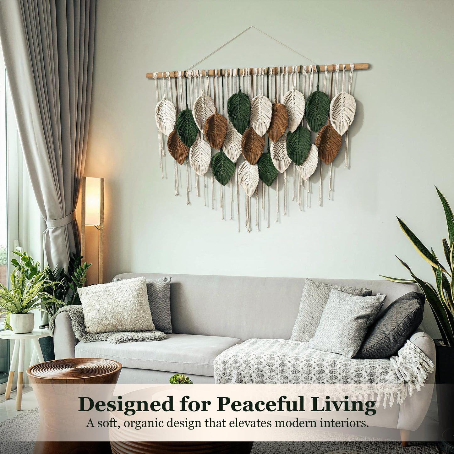 KORSIV Large Macrame Wall Hanging Boho Woven Tapestry, Modern Bohemian Handmade Leaf Feather Wall Art Decorations for Apartment Dorm Living Room Bedroom Nursery Backdrop, Chic Home Decor