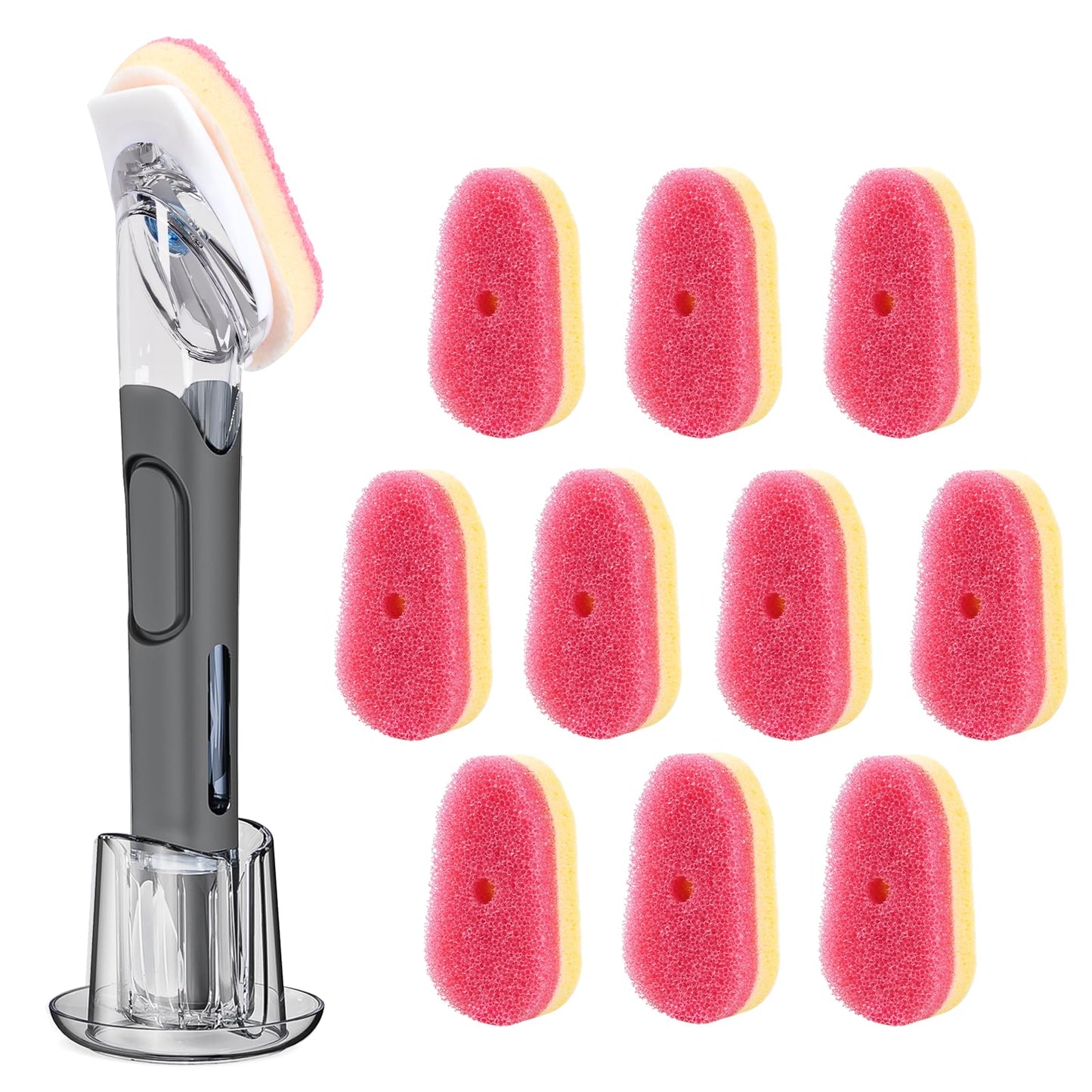 Soap Dispensing Replacement Dish Brush Storage Set with 10 PCS Sponge Refills & Holder - RIMAY Dispenser Scrub Cleaning Scrubber Kitchen Dishwashing Dish Wand Handle for Dishes/Pans/Pots/Sink(Pink)
