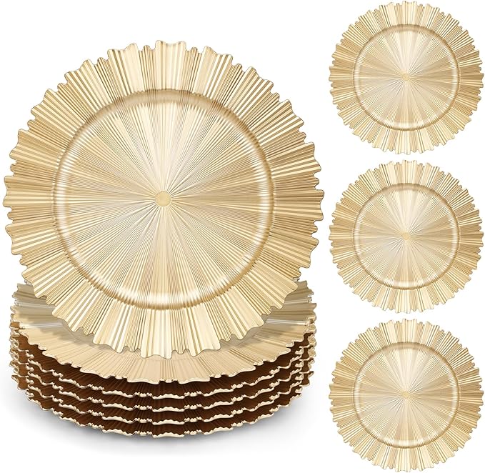 6 Pcs Gold Charger Plates,13 Inch Elegant Fluted Edge Plastic Charger Plates Reusable Table Chargers for Dinner Birthday Wedding Party Bridal Showers Tableware Dishes Luxury Decor