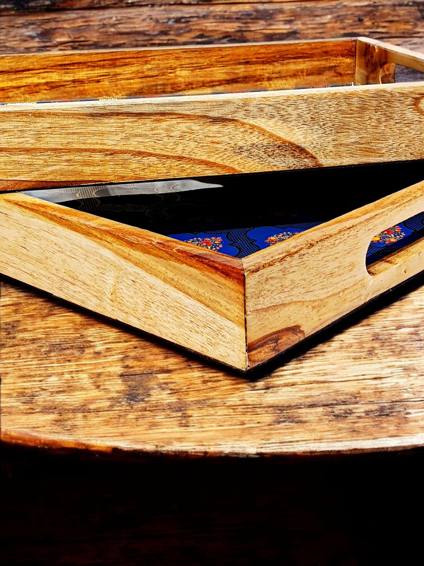 Vetali Export Handcrafted Teakwood Serving Tray Set of 2, Decorative Rectangular Trays with Handles, Breakfast in Bed, Coffee Table, Dinner, BBQ, Snacks, Appetizers, Lap Desk Tray for Couch - Blue