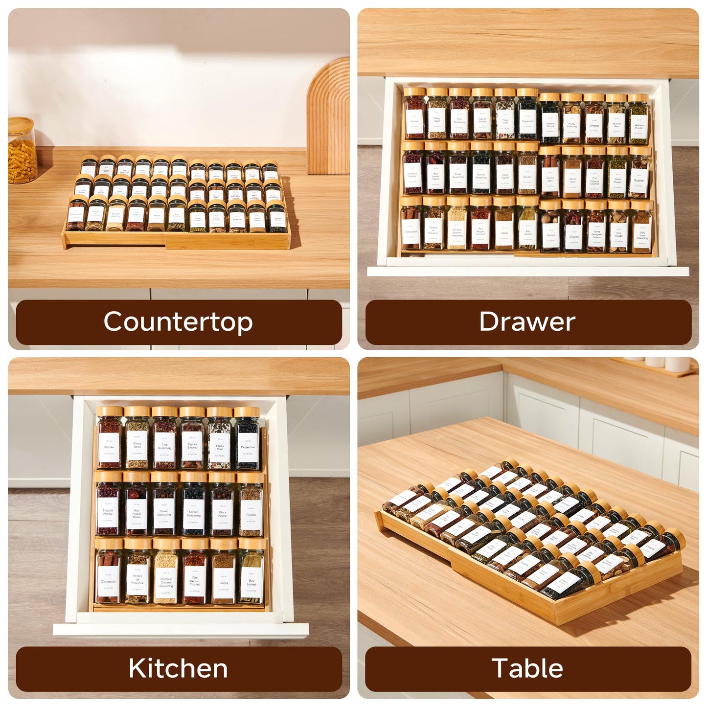 KitHero Expandable 3-Tier Bamboo Spice Rack Organizer (12"-21" W, 13.5" D, 3.7" H) Adjustable for Kitchen Drawers, Cabinets, Countertops, Pantry Shelves & Cupboards, No Jars Included