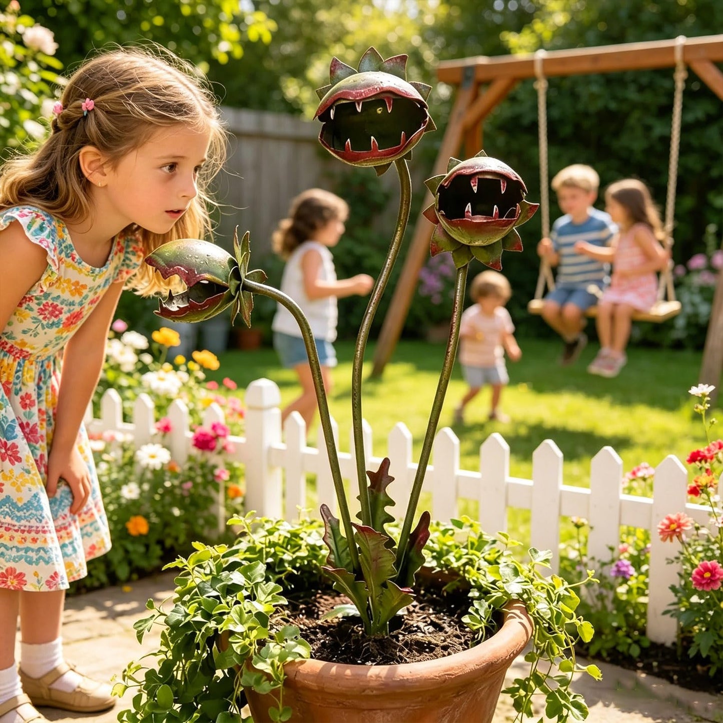 nerhemg Whimsical Metal Carnivorous Plant Garden Stake, 25-Inch Large Venus Flytrap Monster Plant Sculpture, Durable Yard Art for Flower Beds, Patios & Planters, Unique Quirky Garden Gift