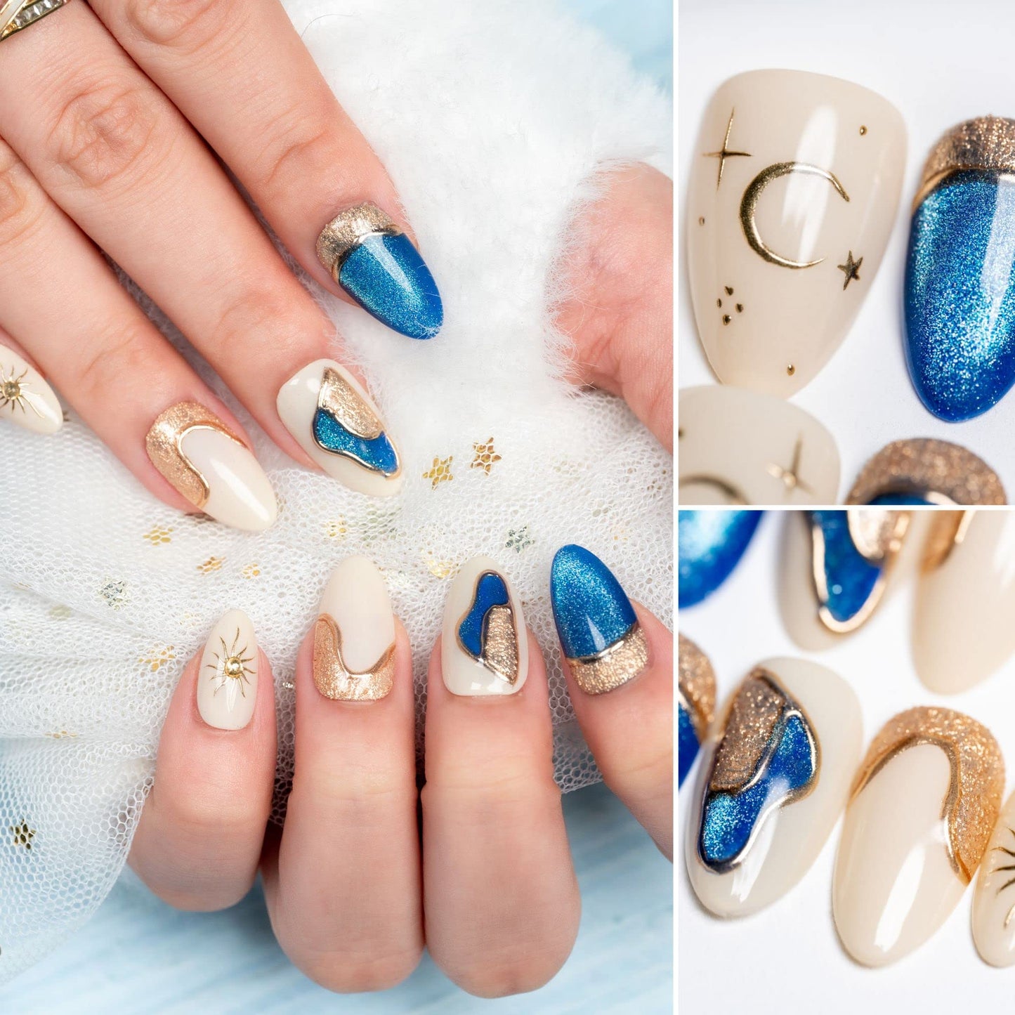 Sun&Beam Nails Handmade Press-On Short Almond with White Blue Gold Color 3D Design Charm Cat Eye Cute False Nail Tips 10 Pcs (#81 XS)