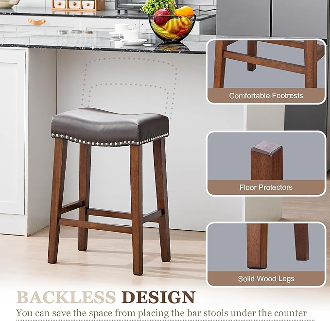 PrimeZone Counter Height Bar Stools Set of 8 - Backless Saddle Barstools with 4.3" Thick Upholstered, Nailhead Trim Faux Leather & Solid Wood Legs, 26 Inch Counter Stools for Kitchen Island, Brown