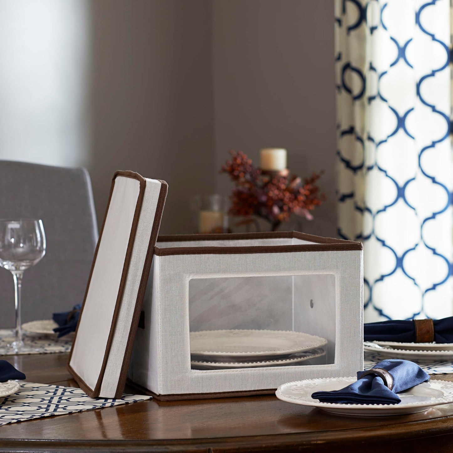 Household Essentials Dinner Plate Storage Box, Strong Frame and Handles, Windowed Panel, Fully Removable Lid, Stackable and Foldable, Perfect for Preserving Your Dinnerware