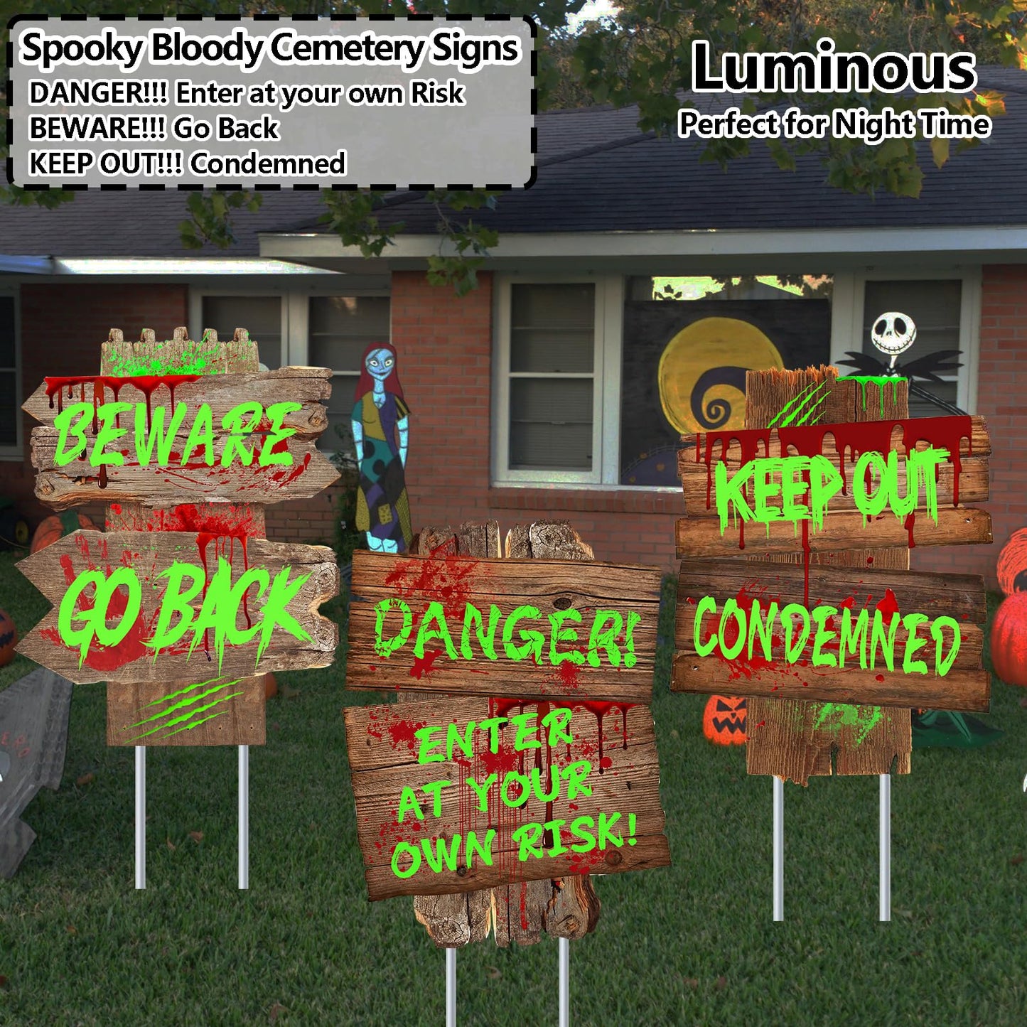 Halloween Decorations Beware Signs Yard Stakes Outdoor Creepy Assorted Warning Sign,Scary Zombie Theme Party Decor Supplies,3 Pieces