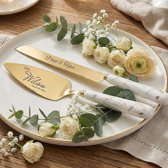 Custom Wedding Cake Knife and Server Set Gold - Personalized Engraved Stainless Steel Cake Pie Pastry Servers Cutting Set with Marble Pattern, Elegant Gift for Wedding Anniversary Birthday Christmas