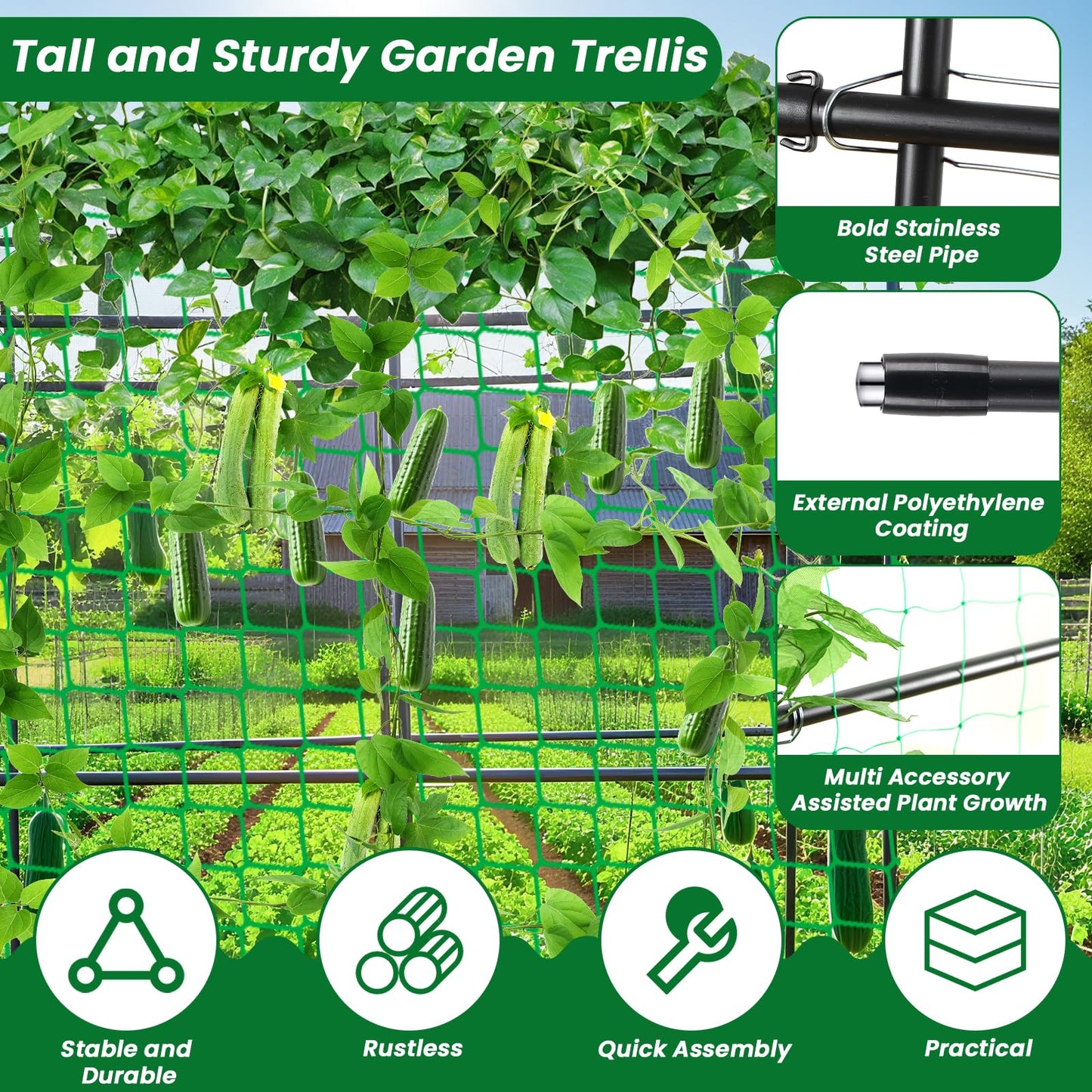 PKBD Tall Garden Arch Trellis for Climbing Plants Outdoor, 7.5 ft Tall Polyethylene-Coated Stainless Steel Garden Arch for Climbing Vine Vegetable/Fruit/Flower, Cucumber Trellis for Raised Bed, Black