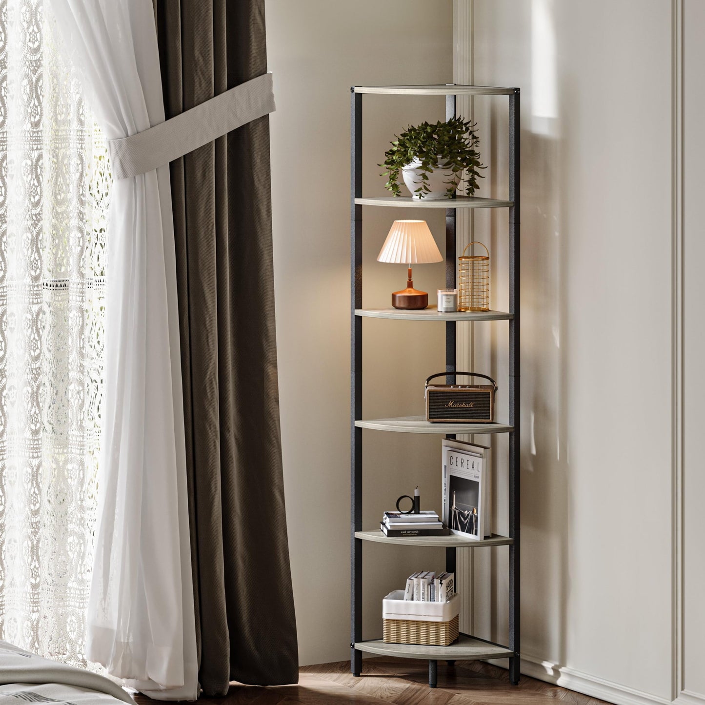 IRCPEN 6 Tier Corner Shelf 63.1" Tall Corner Shelves Stand Ladder Shelf Metal Standing Bookshelf Organizer Display Rack Bookcase Plant Stand Industrial Rustic for Living Room Bedroom Oak CS-001GR