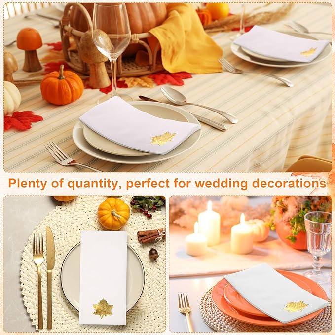 Janlaugh 100 Pcs Gold Thanksgiving Linen Disposable Bathroom Hand Towels Pumpkin Maple Leaves Foil Stamped Guest Napkins 12"x17" Paper Towels for Bathroom Home Lunch Dinner Kitchen(Maple Leaf)