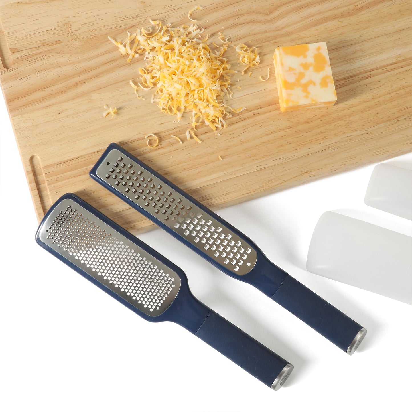 Calphalon Edge 2 Piece Stainless Steel Handheld Cheese Grater and Lemon Zester W/Covers & Rubber Handles - Navy Blue