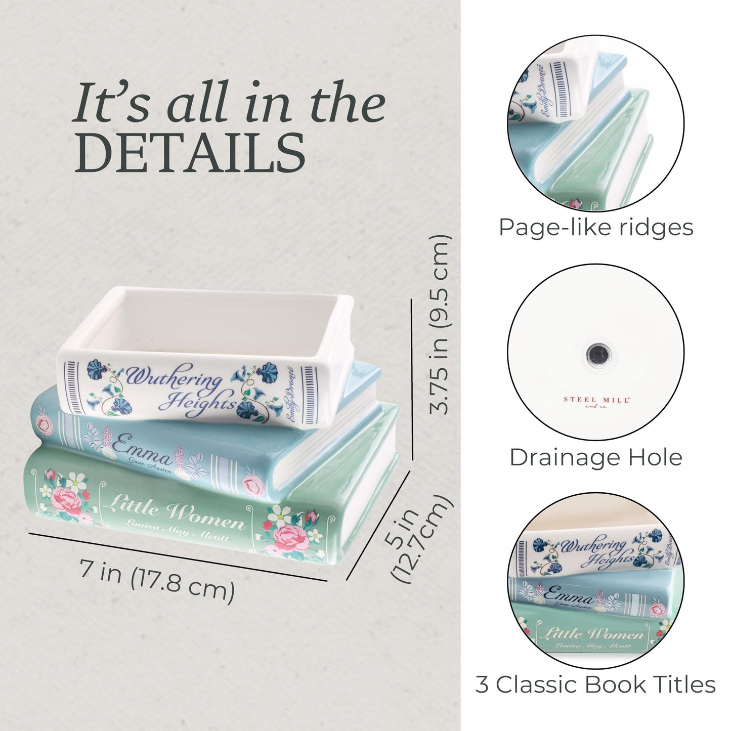 Steel Mill & Co Small Book-Shaped Decorative Ceramic Planter for Home Decor, Bookshelf, Classic Titles Bookstack, 5" x 7" x 3.75"