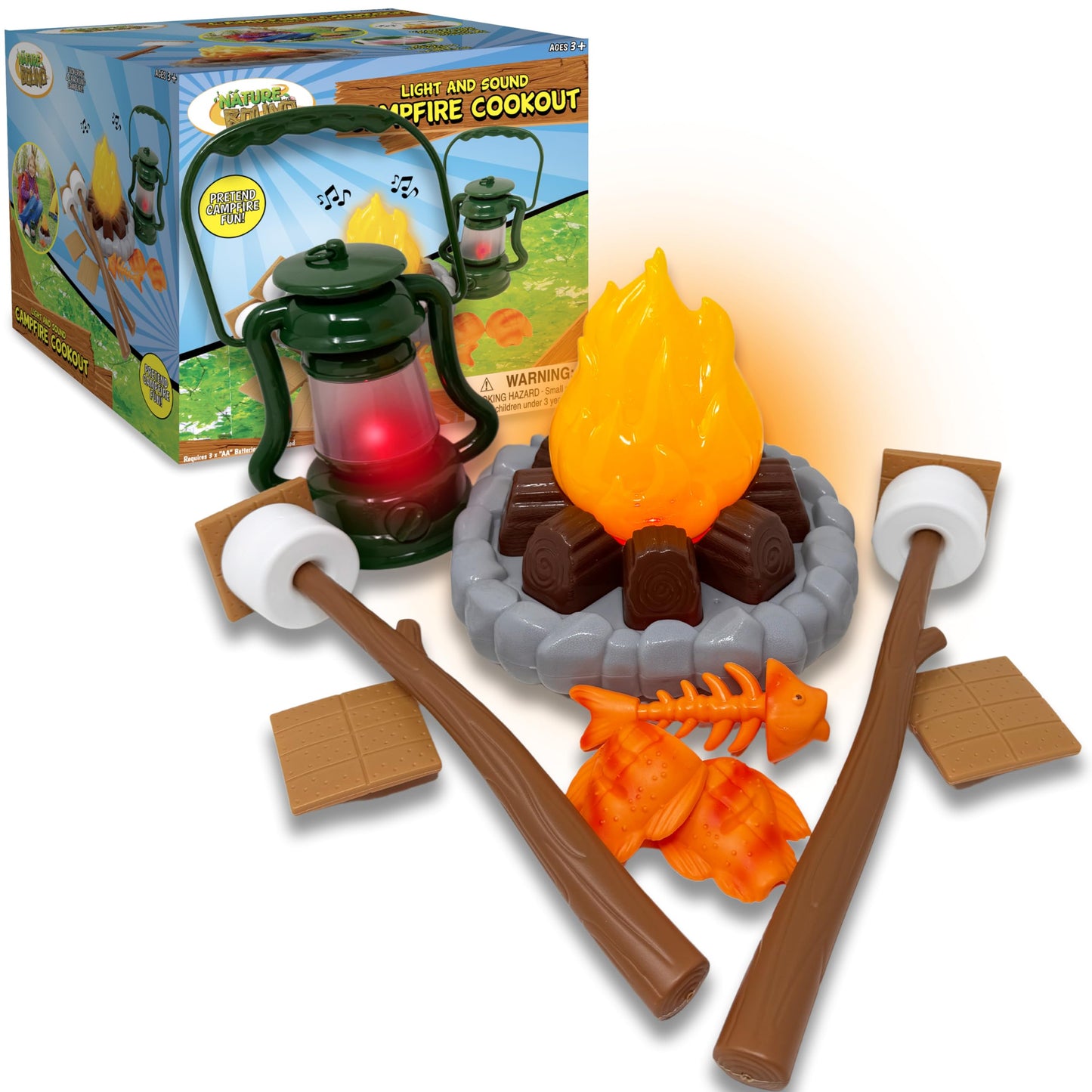 Nature Bound Kids Camping Playset - Light-Up Campfire Toy Set for Indoor and Outdoor Adventures - Pretend S’Mores, Lantern, and Camping Accessories (Gift Box)