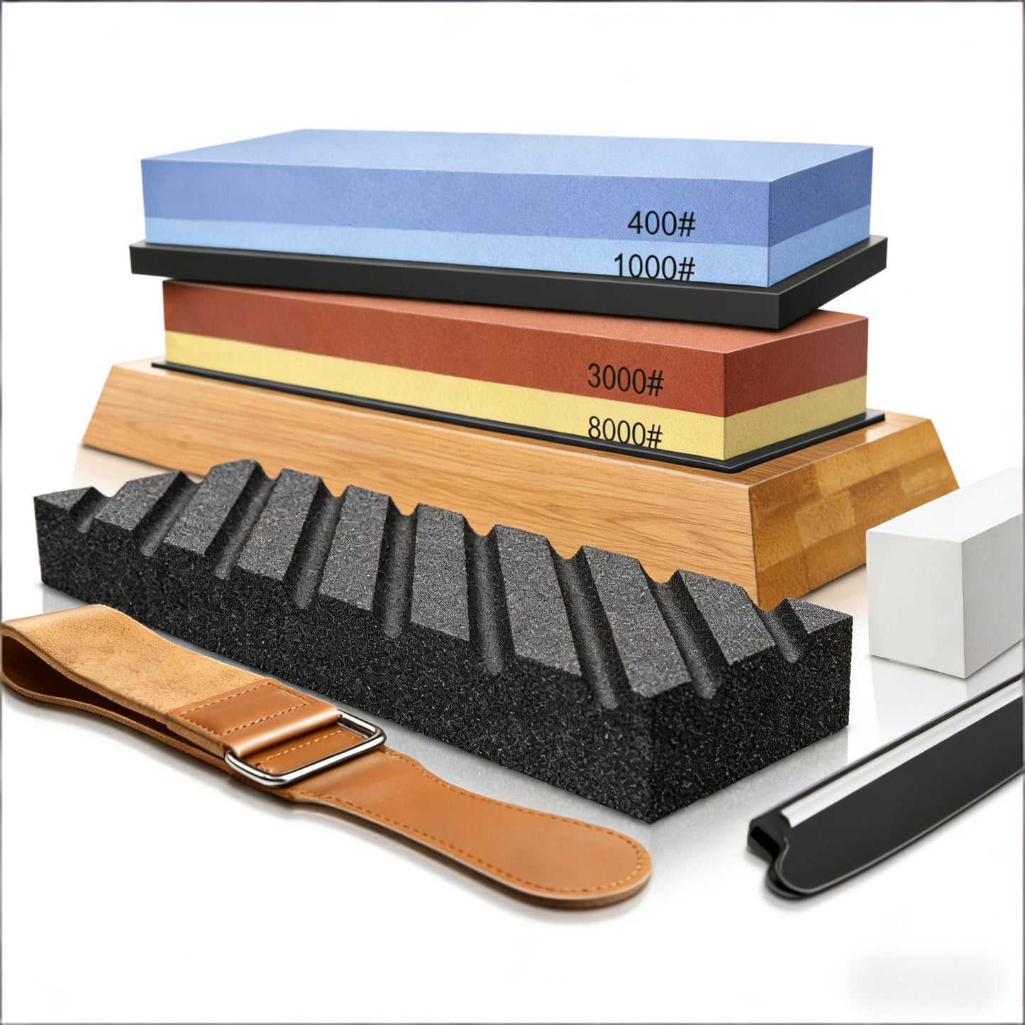 Dual Grit Whetstone 400/1000 3000/8000 Knife Sharpener with Leather Strop, Flattening Stone, Bamboo Base, 3 Non-slip Rubber Bases & Angle Guide | Perfect for Chef