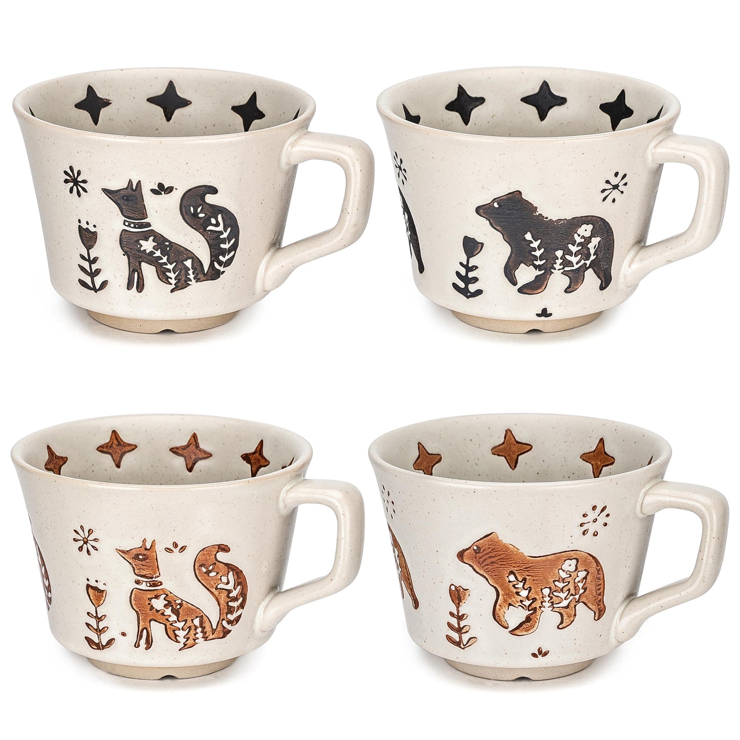 LINVIA Ceramic Coffee Mug, 11 oz Small Novelty Unique Teacup with Handle, Stoneware Cup for Tea Mocha Latte Cappuccino (Set of 4, Fox and Bear)