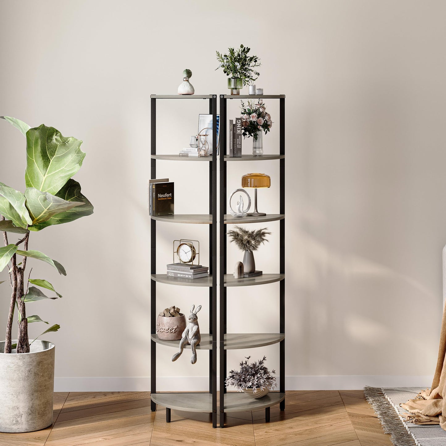IRCPEN 6 Tier Corner Shelf 63.1" Tall Corner Shelves Stand Ladder Shelf Metal Standing Bookshelf Organizer Display Rack Bookcase Plant Stand Industrial Rustic for Living Room Bedroom Oak CS-001GR