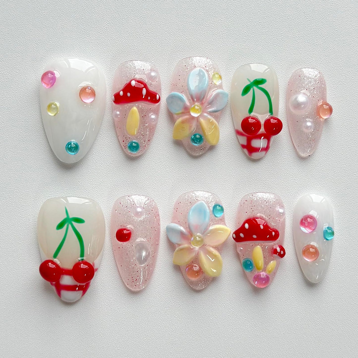 Luxury Press on Nails Short Almond Handmade 3D Unique Reusable ABS Material Fake Nails French Tip False Nails with Designs Mushroom Flower Glitter Glossy Glue on Nail Thick Acrylic Nail(S)