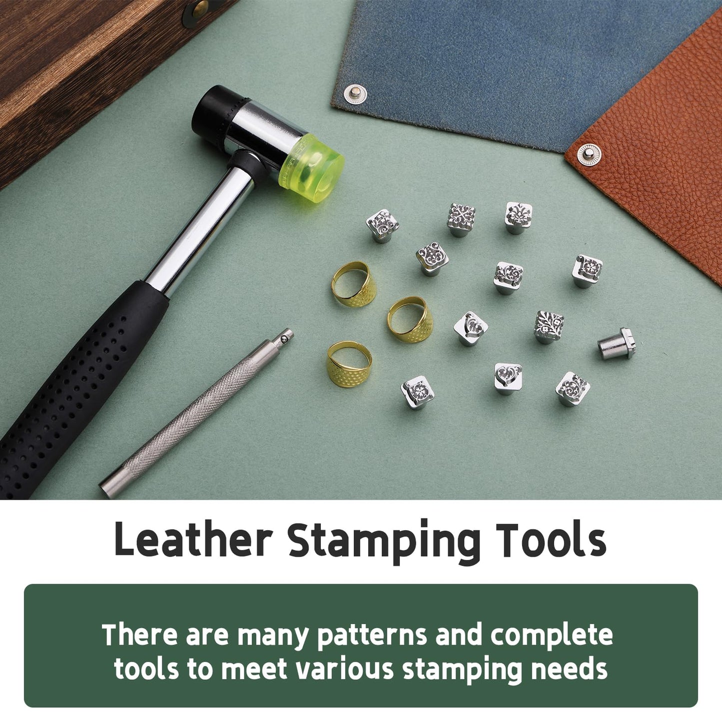 Leather Craft Stamping Tools, Leather Stamping Kit with 12 Tangcao Patterns Stamp and Punch Tools and 25mm Hammer and 3 thimbles for Craft Stamps