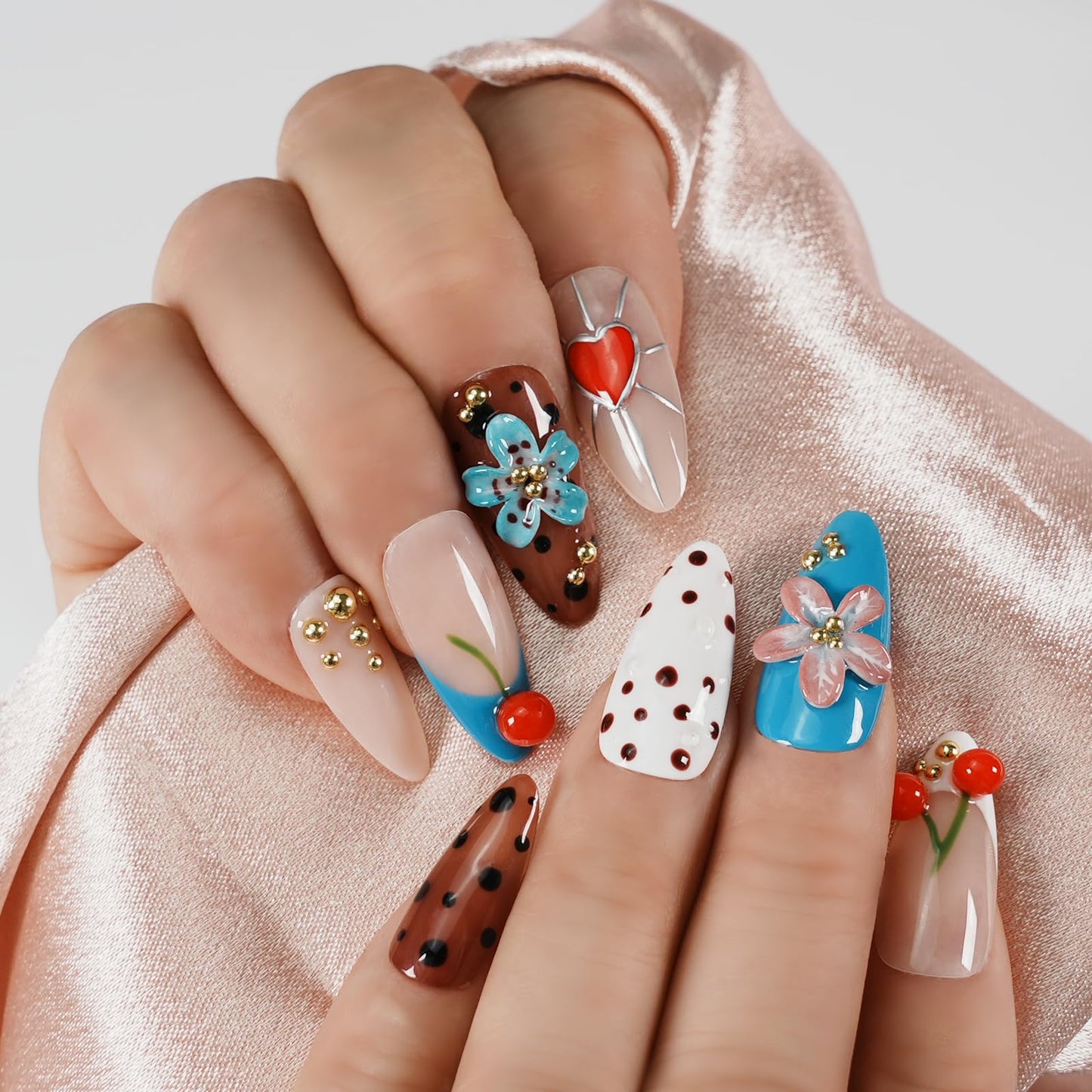 Tesytto 3D Cherry Press on Nails Almond - Handmade Flower & Heart Design, Gold Bead Polka Dot Glossy Reusable False Nails for Summer (Sweet Fun Flower Cherry, L)