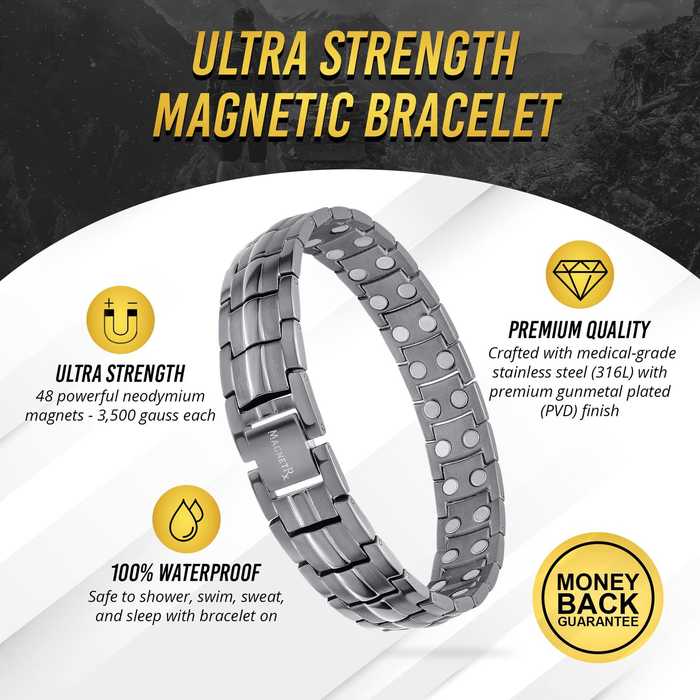 MagnetRX® Ultra Strength Magnetic Bracelet - Effective Stainless Steel Magnetic Bracelets for Men - Adjustable Bracelet Length with Sizing Tool for Perfect Fit (Gunmetal)