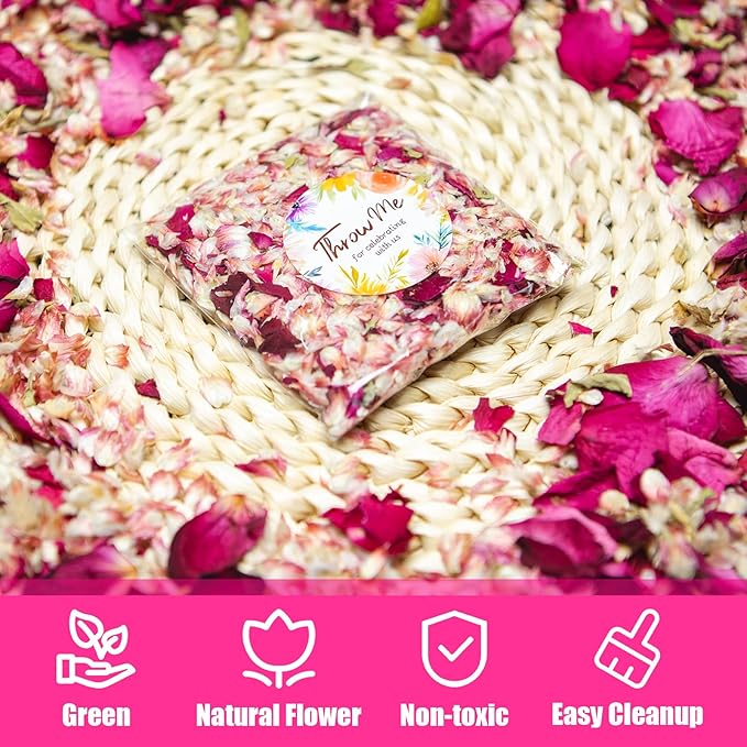 50 Pack Real Dried Rose Flower Petals Biodegradable Confetti, Dried Mix Red Rose Begonia Pink Flower for Wedding Send-Off Ideas Flower-girl basket, Wedding Decor Confetti, Exit Ideas