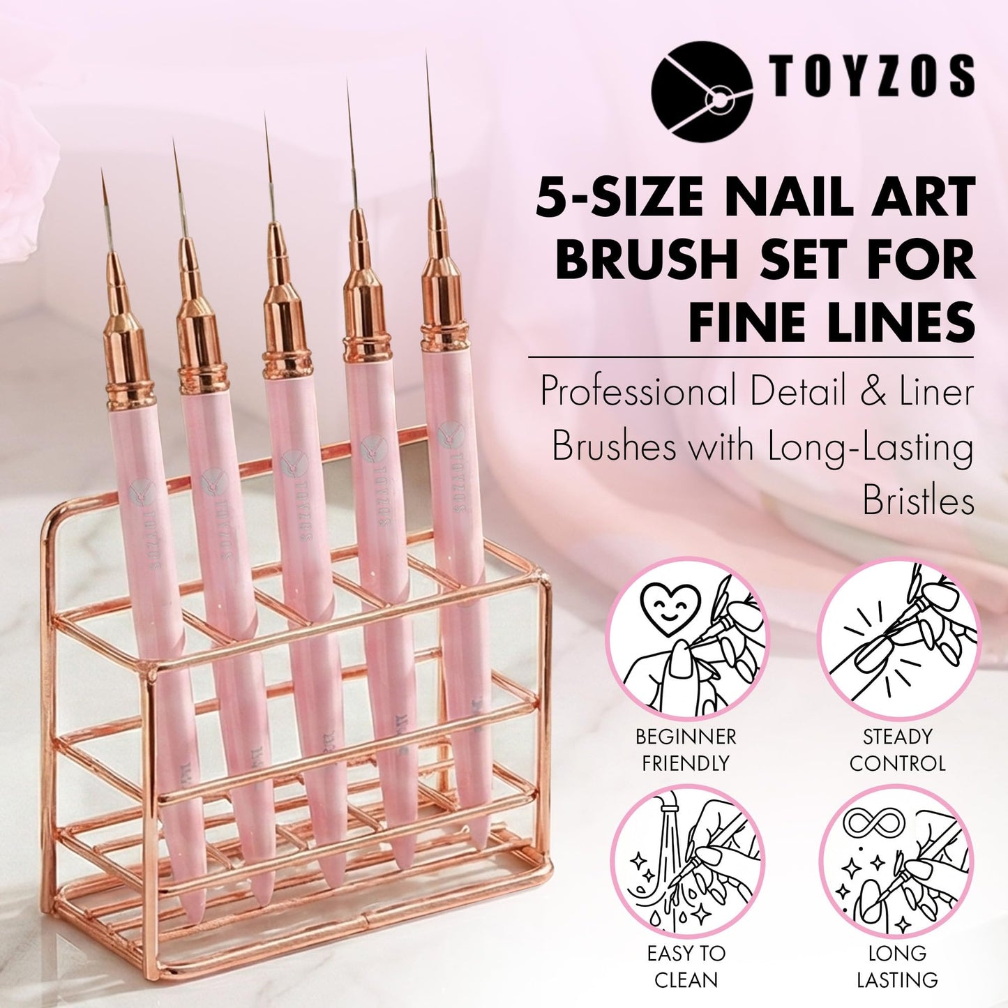 TOYZOS Thin Nail Art Brush Set - Professional Detailing Liner Brushes with Rose Gold Accents for Intricate Nail Art Designs, Pink Handles, Precision Tips & Long-Lasting Bristles (5 Different Sizes)